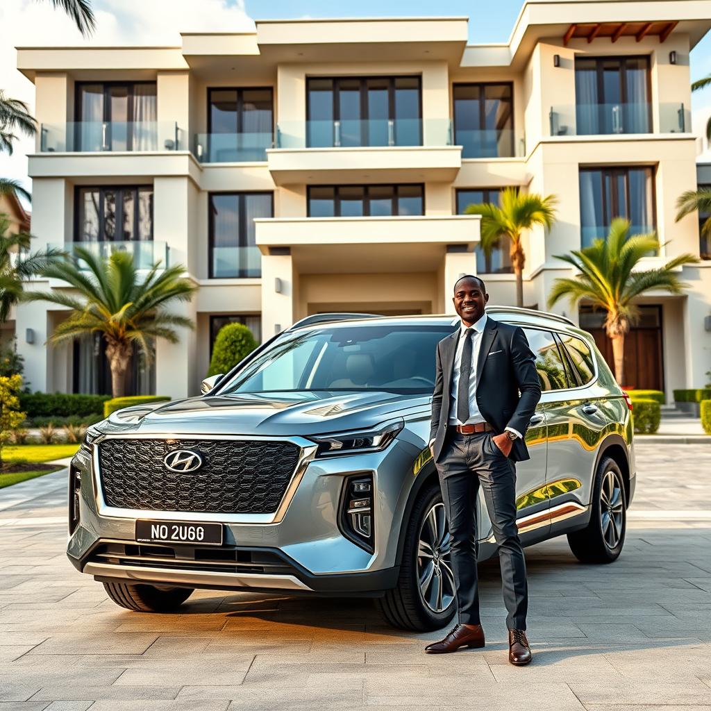 A successful entrepreneur proudly showcasing their luxurious Hyundai Palisade in a lavish setting