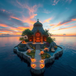 A floating island featuring a magnificent zodiac sanctuary, surrounded by clear blue waters