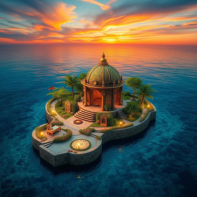 A floating island featuring a magnificent zodiac sanctuary, surrounded by clear blue waters