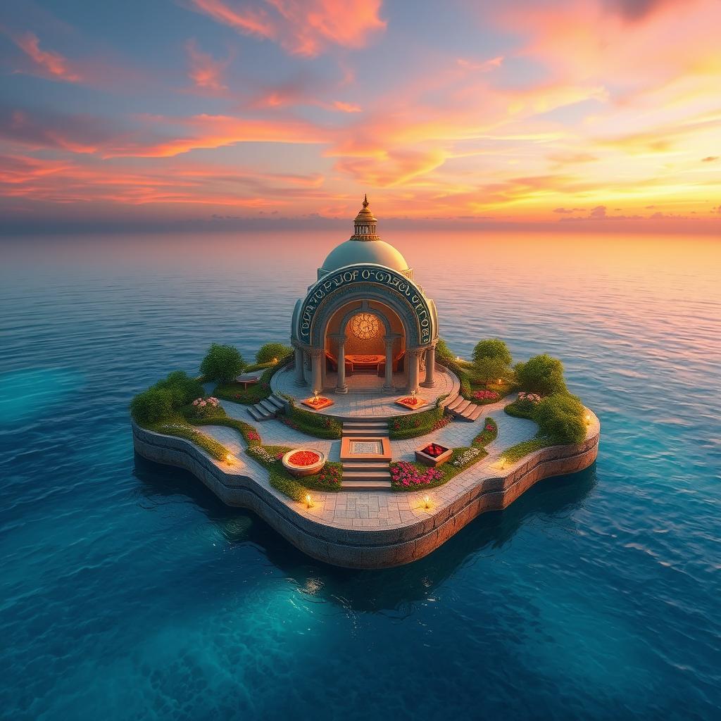 A floating island featuring a magnificent zodiac sanctuary, surrounded by clear blue waters