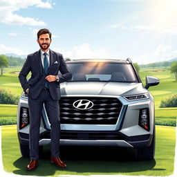 An illustration of a successful businessman standing proudly next to his luxurious Hyundai Palisade, showcasing its sleek design and features