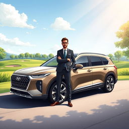 An illustration of a successful businessman standing proudly next to his luxurious Hyundai Palisade, showcasing its sleek design and features