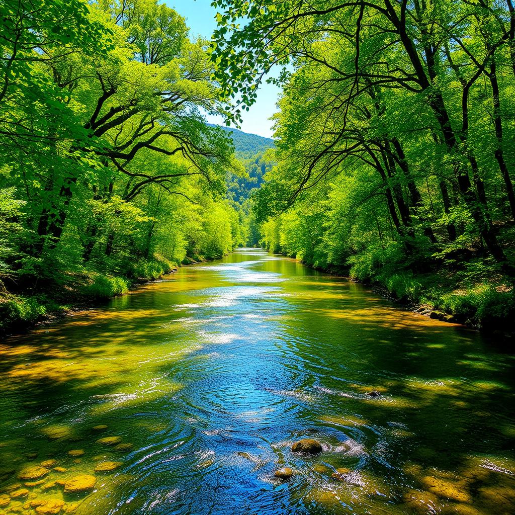 A mesmerizing crystal clear river meandering through a lush natural landscape