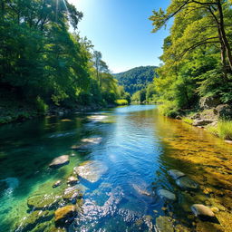 A mesmerizing crystal clear river meandering through a lush natural landscape