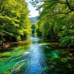 A mesmerizing crystal clear river meandering through a lush natural landscape