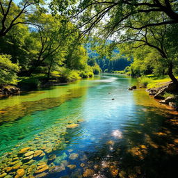 A mesmerizing crystal clear river meandering through a lush natural landscape