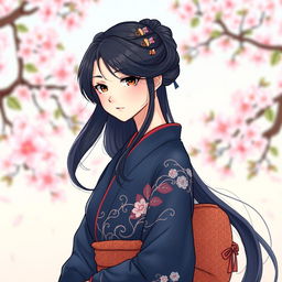 An illustration in manhwa style featuring a graceful Japanese woman wearing a dark blue kimono