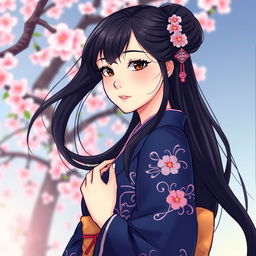An illustration in manhwa style featuring a graceful Japanese woman wearing a dark blue kimono