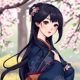 An illustration in manhwa style featuring a graceful Japanese woman wearing a dark blue kimono