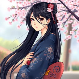An illustration in manhwa style featuring a graceful Japanese woman wearing a dark blue kimono