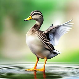 A high-quality digital art image featuring a duck balancing on one leg