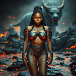 A powerful image of a 20-year-old black woman with big breasts, adorned with broken heart tattoos