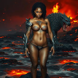 A powerful image of a 20-year-old black woman with big breasts, adorned with broken heart tattoos