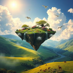 A serene floating island in the sky, surrounded by fluffy white clouds, overlooking a lush green valley below with gentle hills and a crystal-clear river winding through it