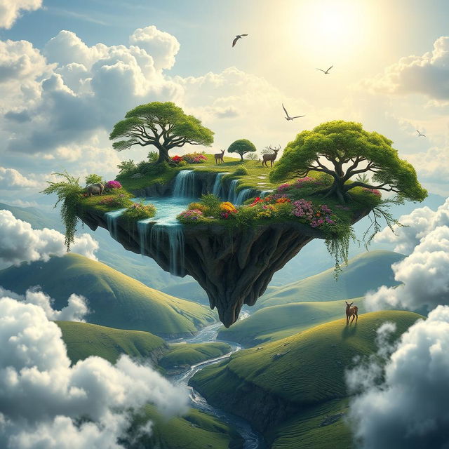 A serene floating island in the sky, surrounded by fluffy white clouds, overlooking a lush green valley below with gentle hills and a crystal-clear river winding through it