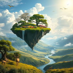 A serene floating island in the sky, surrounded by fluffy white clouds, overlooking a lush green valley below with gentle hills and a crystal-clear river winding through it