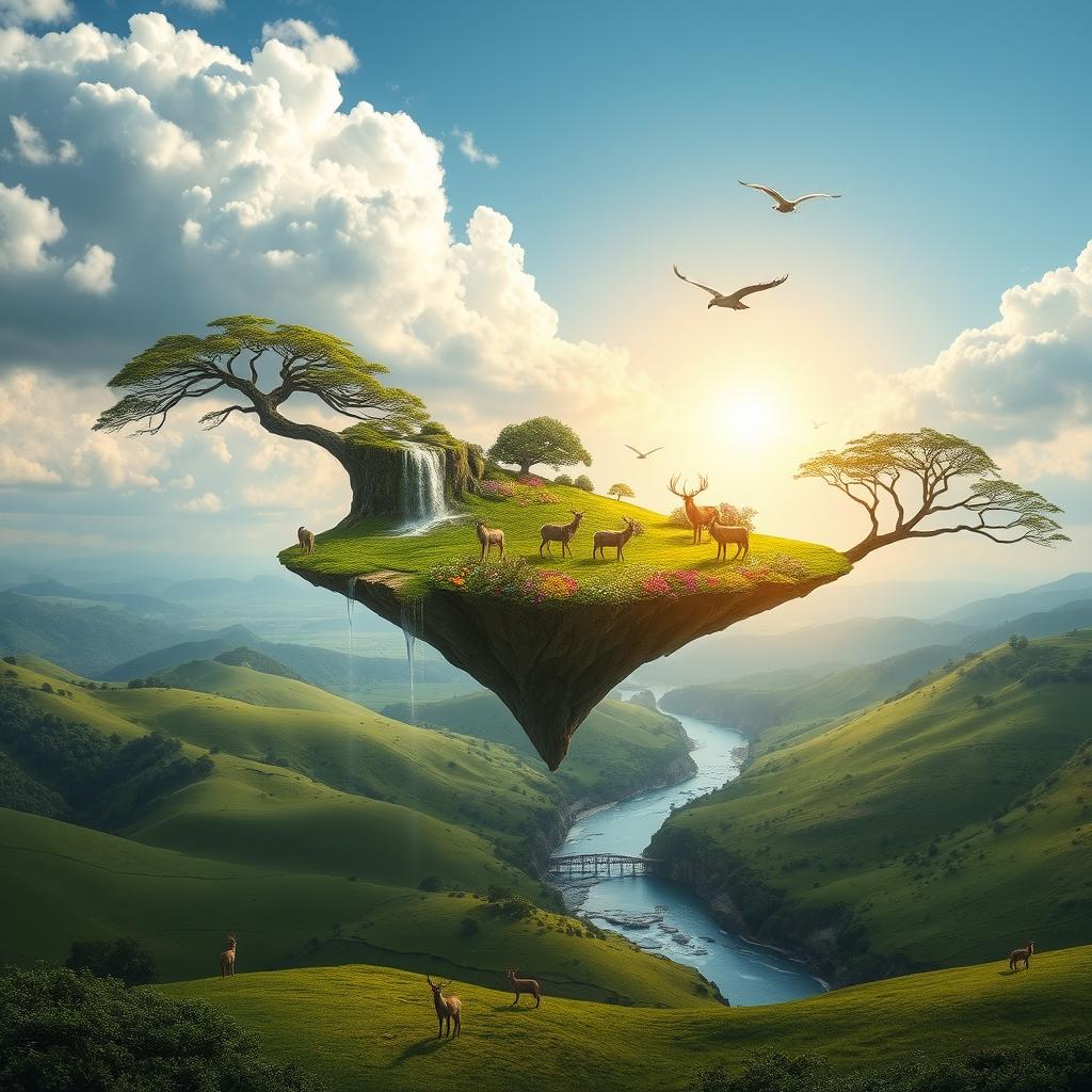 A serene floating island in the sky, surrounded by fluffy white clouds, overlooking a lush green valley below with gentle hills and a crystal-clear river winding through it