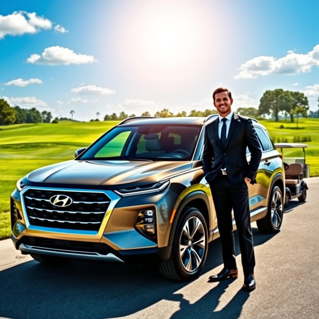 A successful businessman standing confidently next to a Hyundai Palisade in front of a luxurious golf course