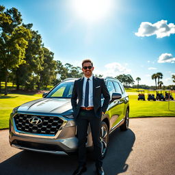 A successful businessman standing confidently next to a Hyundai Palisade in front of a luxurious golf course
