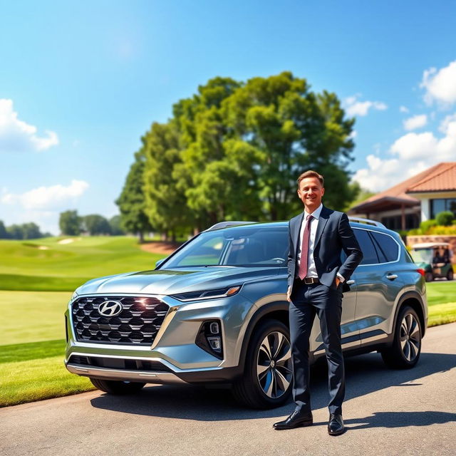 A successful businessman standing confidently next to a Hyundai Palisade in front of a luxurious golf course