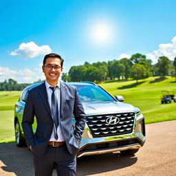 A successful businessman standing confidently next to a Hyundai Palisade in front of a luxurious golf course