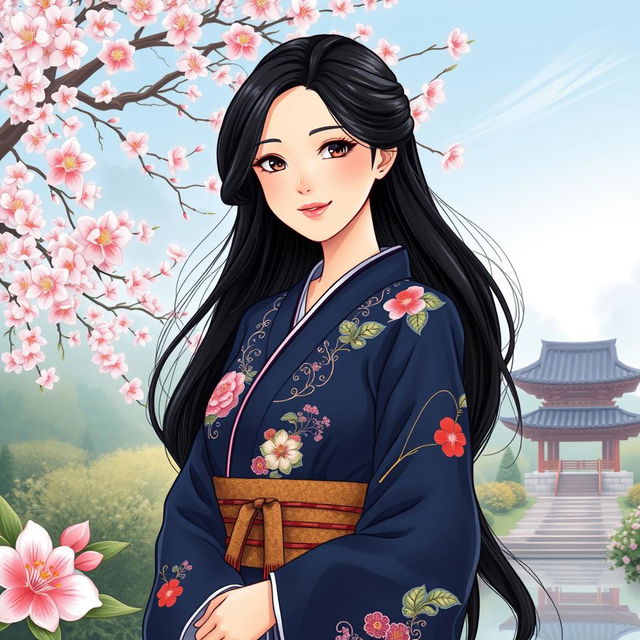 An illustration in manhwa style featuring a 30-year-old Asian woman wearing a dark blue kimono