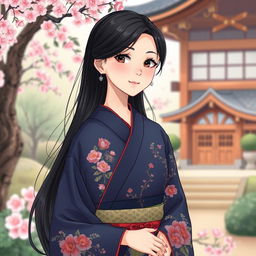An illustration in manhwa style featuring a 30-year-old Asian woman wearing a dark blue kimono