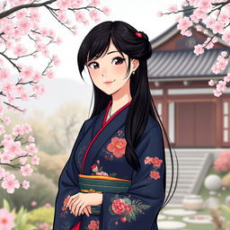 An illustration in manhwa style featuring a 30-year-old Asian woman wearing a dark blue kimono