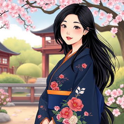 An illustration in manhwa style featuring a 30-year-old Asian woman wearing a dark blue kimono