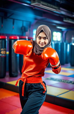 A dynamic scene featuring a Muslim girl in a stylish kickboxing outfit, showcasing an impressive roundhouse kick in mid-action