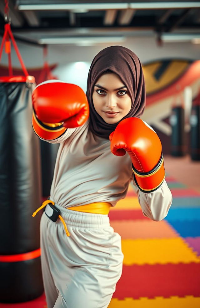 A dynamic scene featuring a Muslim girl in a stylish kickboxing outfit, showcasing an impressive roundhouse kick in mid-action