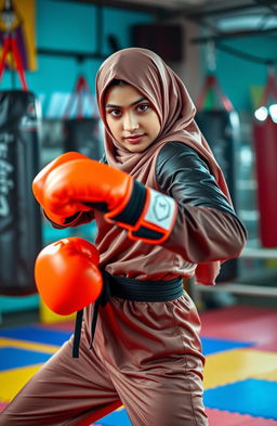 A dynamic scene featuring a Muslim girl in a stylish kickboxing outfit, showcasing an impressive roundhouse kick in mid-action