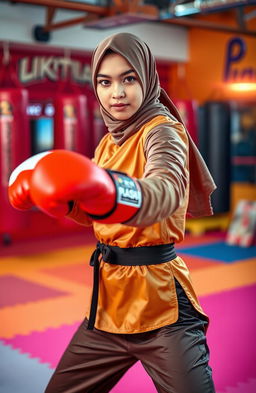 A dynamic scene featuring a Muslim girl in a stylish kickboxing outfit, showcasing an impressive roundhouse kick in mid-action