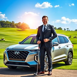 A successful businessman standing proudly next to a Hyundai Palisade in front of a luxurious golf course, holding a golf club