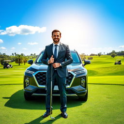 A successful businessman standing proudly next to a Hyundai Palisade in front of a luxurious golf course, holding a golf club