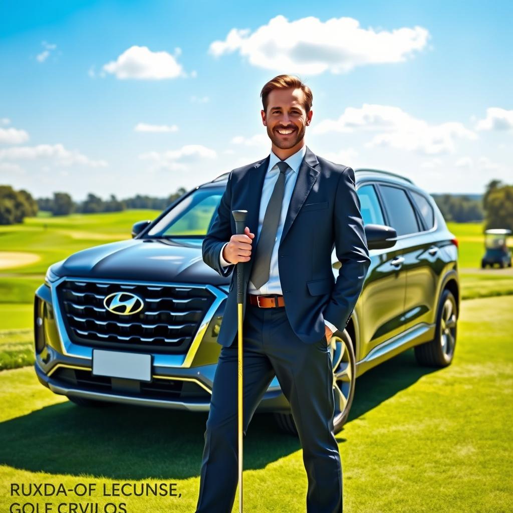 A successful businessman standing proudly next to a Hyundai Palisade in front of a luxurious golf course, holding a golf club