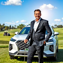 A successful businessman standing proudly next to a Hyundai Palisade in front of a luxurious golf course, holding a golf club