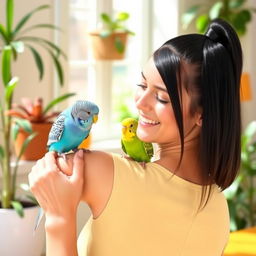 A woman with a sleek black ponytail hairstyle gently interacting with two adorable budgies, one blue and one green