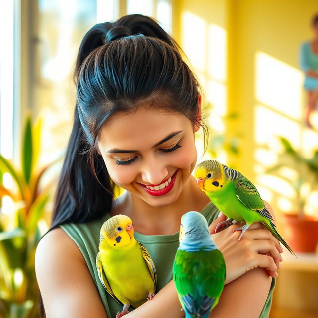 A woman with a sleek black ponytail hairstyle gently interacting with two adorable budgies, one blue and one green