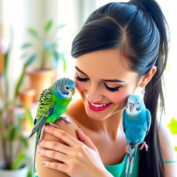 A woman with a sleek black ponytail hairstyle gently interacting with two adorable budgies, one blue and one green