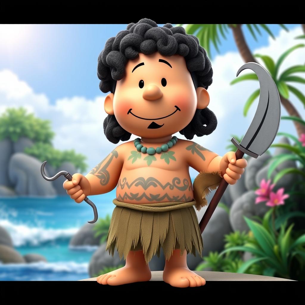 A 3D rendered cartoon character from Peanuts transformed into Maui from Moana