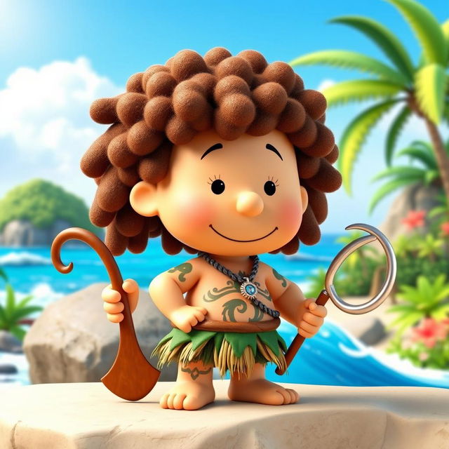 A 3D rendered cartoon character from Peanuts transformed into Maui from Moana