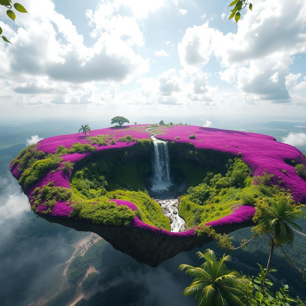 A picturesque floating island with vibrant purple soil, surrounded by lush green vegetation