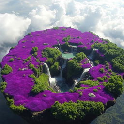 A picturesque floating island with vibrant purple soil, surrounded by lush green vegetation