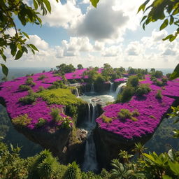 A picturesque floating island with vibrant purple soil, surrounded by lush green vegetation