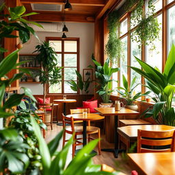 A cozy cafe interior featuring warm burnt brown wooden furniture, complemented by lush bright green plants throughout the space