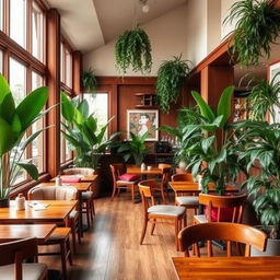 A cozy cafe interior featuring warm burnt brown wooden furniture, complemented by lush bright green plants throughout the space