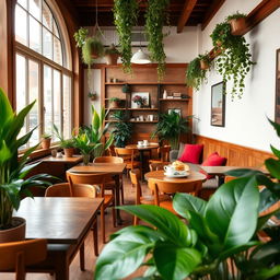 A cozy cafe interior featuring warm burnt brown wooden furniture, complemented by lush bright green plants throughout the space