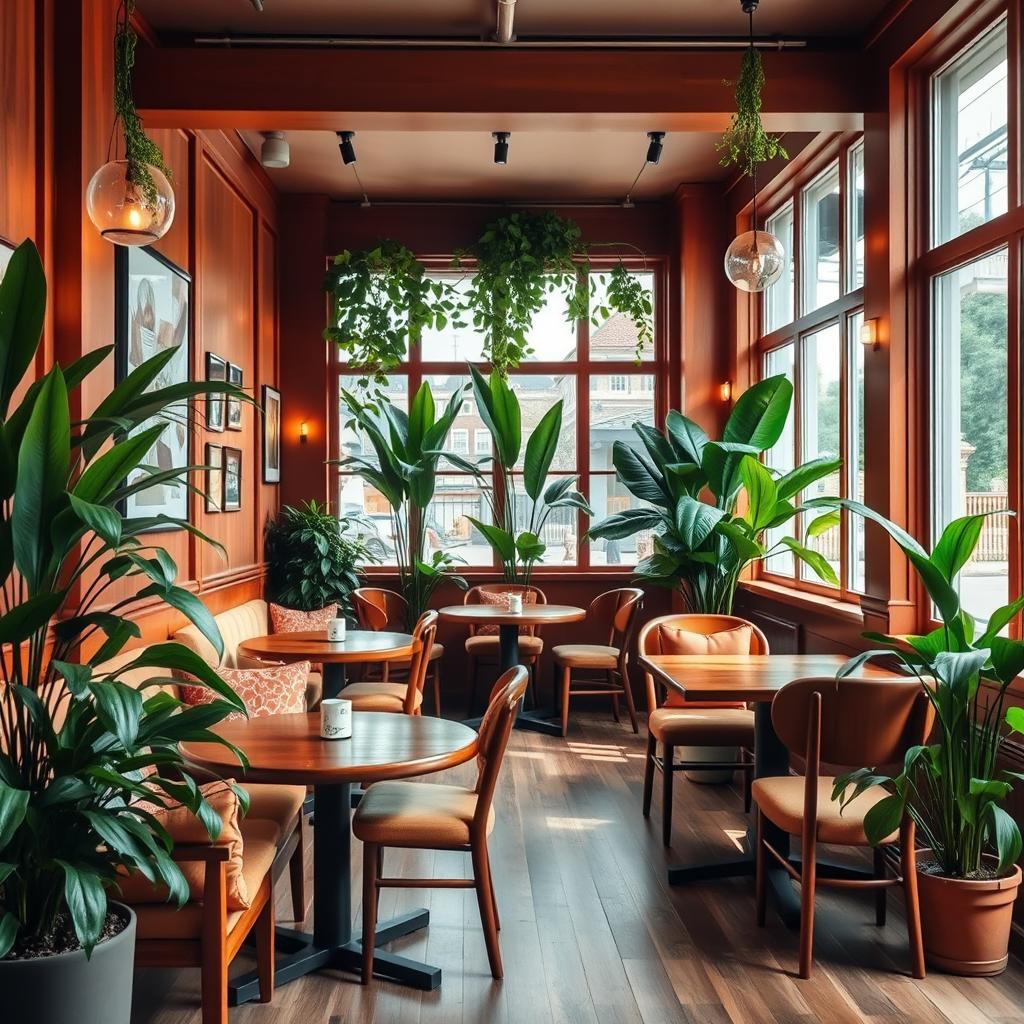 A cozy cafe interior featuring warm burnt brown wooden furniture, complemented by lush bright green plants throughout the space