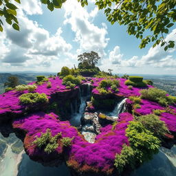 A picturesque floating island with vibrant purple soil, surrounded by lush green vegetation